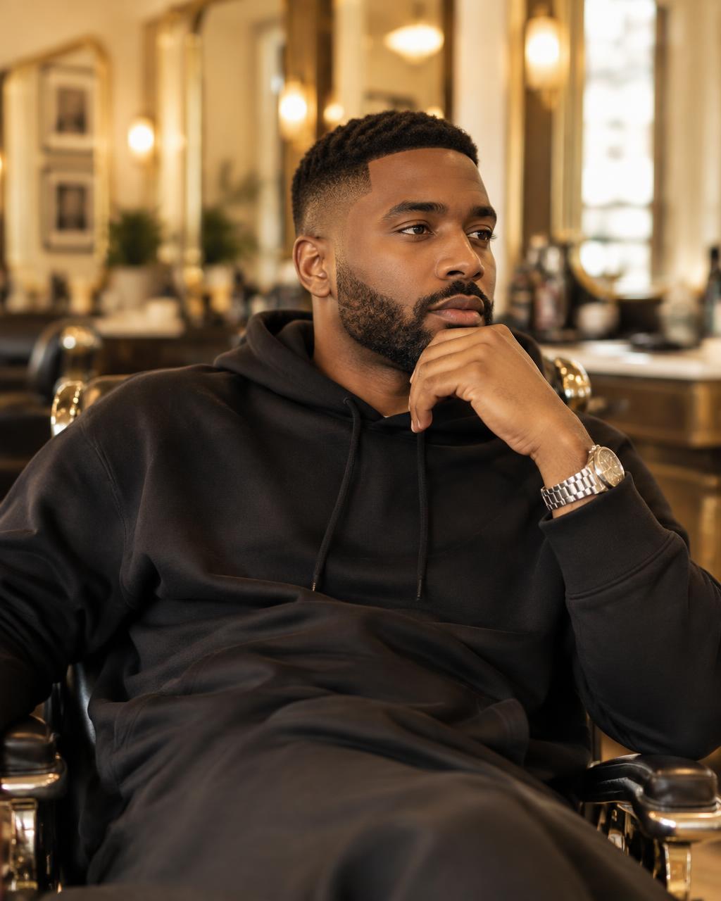 Editorial grooming portrait — fresh fade and groomed beard in an upscale barbershop